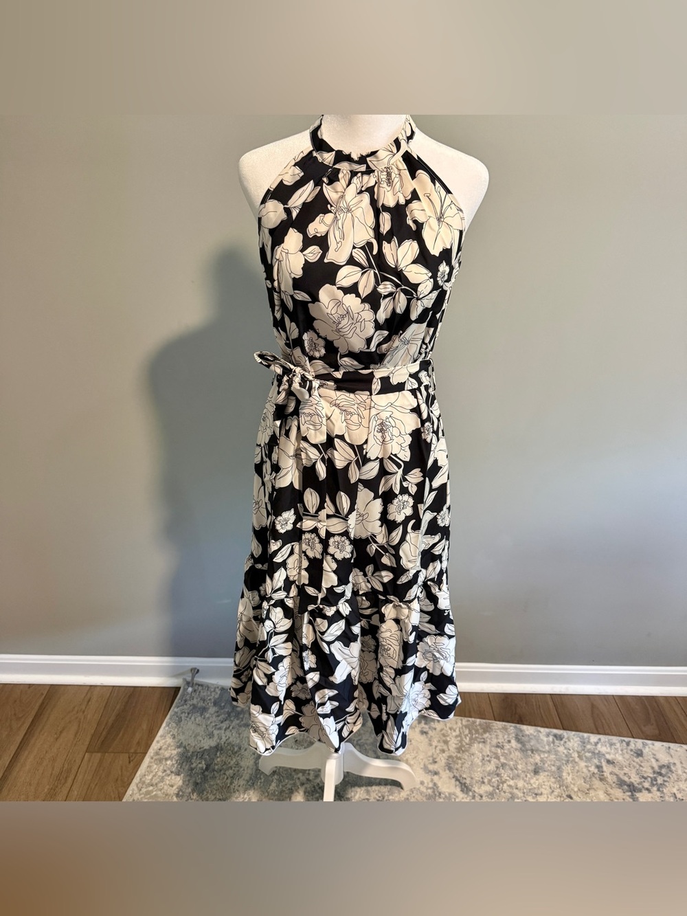 NWOT Small Floral Print Ruffle Hem Belted Flowy ALine Midi Dress Romantic Summer